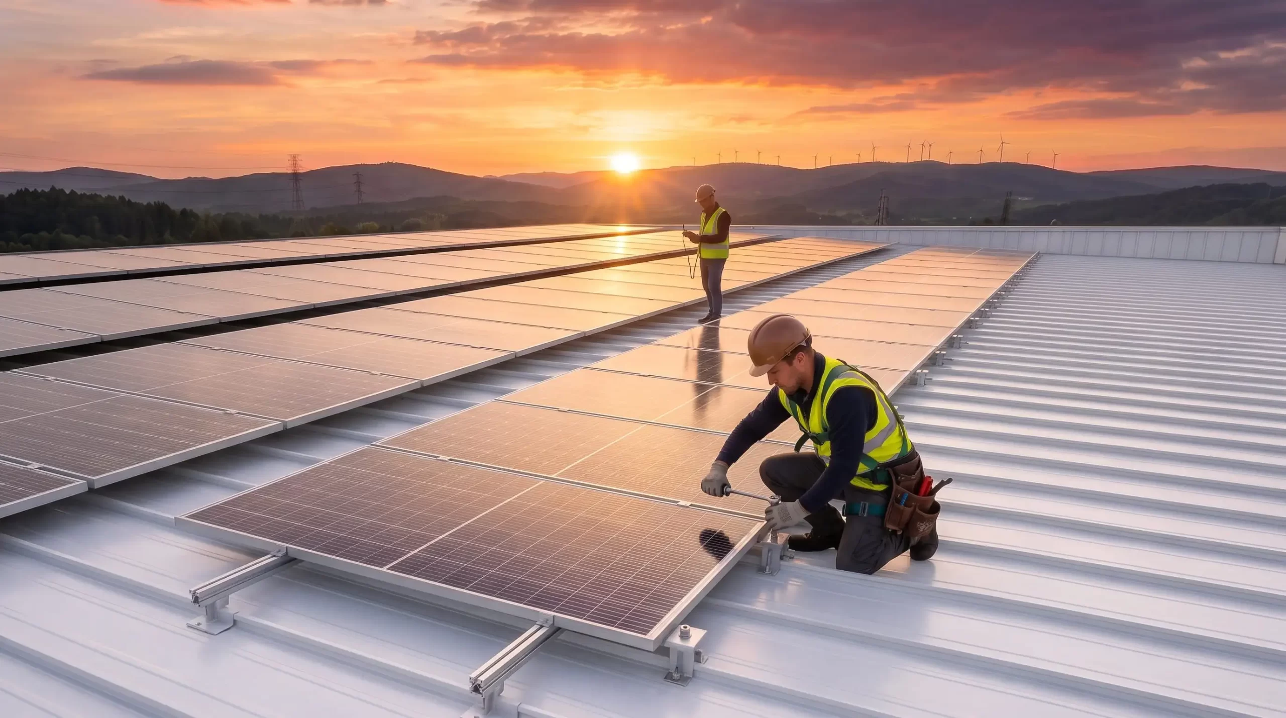 Paneles solares instalados sobre una cubierta metálica compatible de Estrutechos